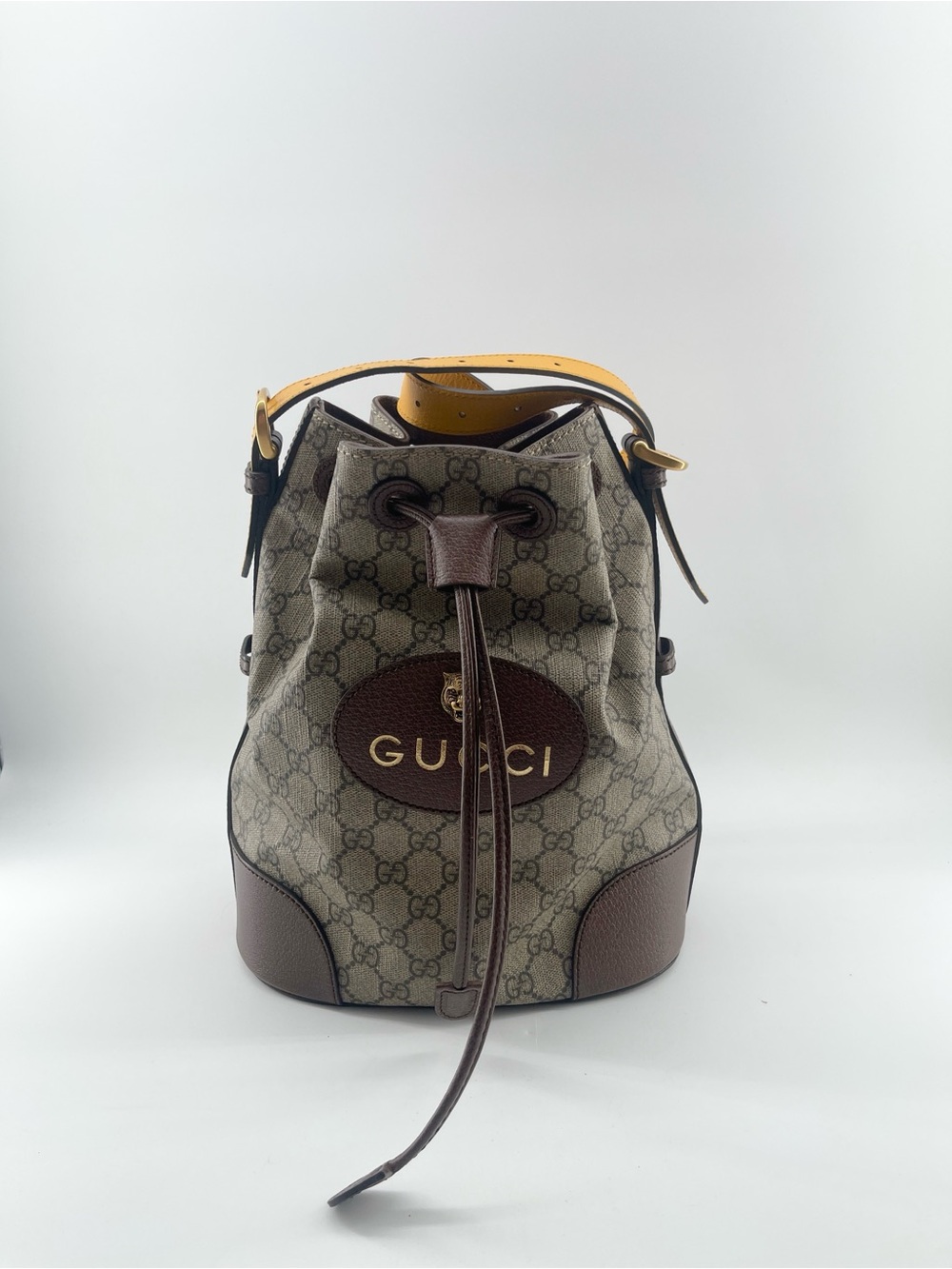 Gucci Beige GG Monogram Drawstring Shoulder Bag with Brown Trim